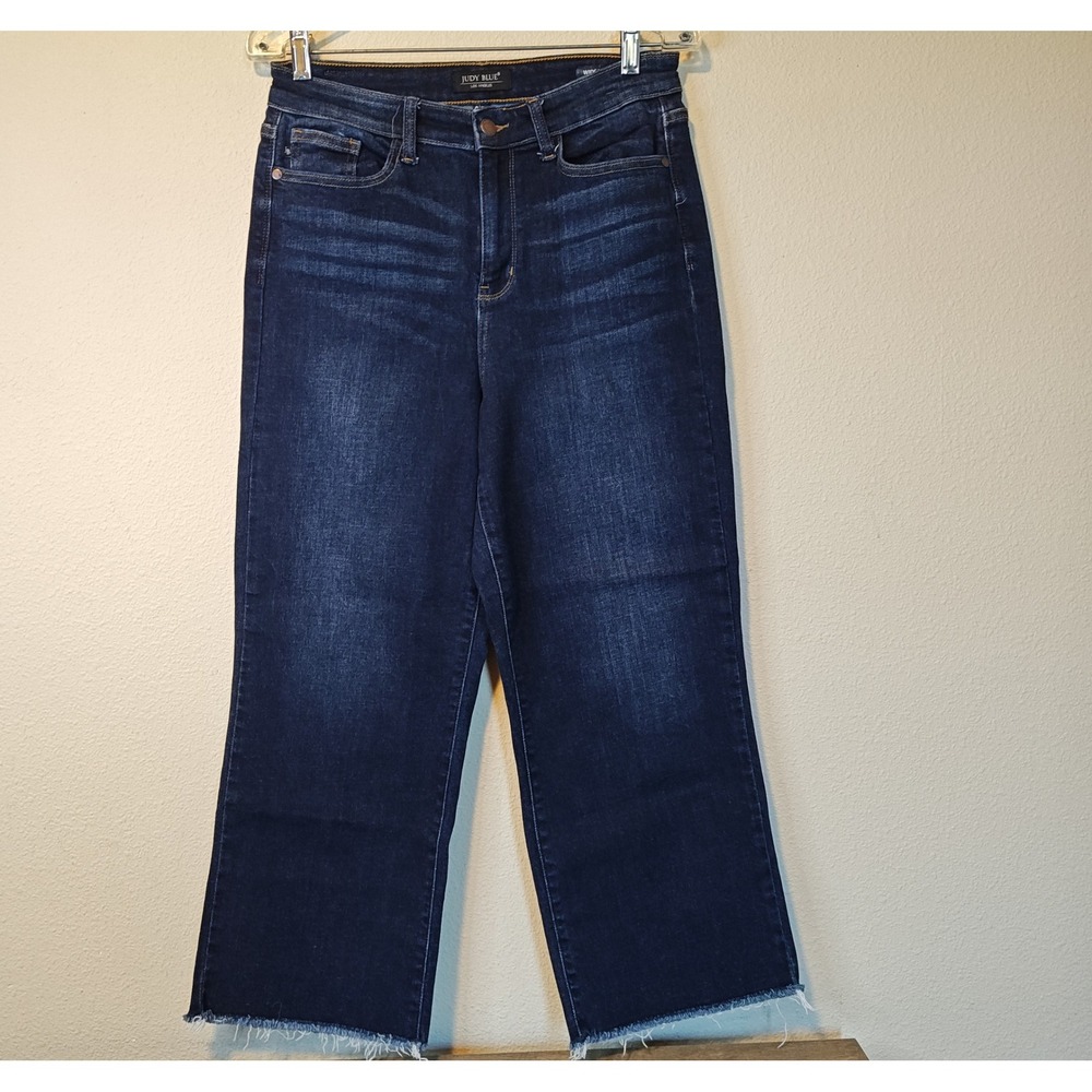 Judy Blue Wide Leg Jeans Womens 9/29 Dark Wash Raw Hem High Rise JB82517DK - Picture 2 of 12